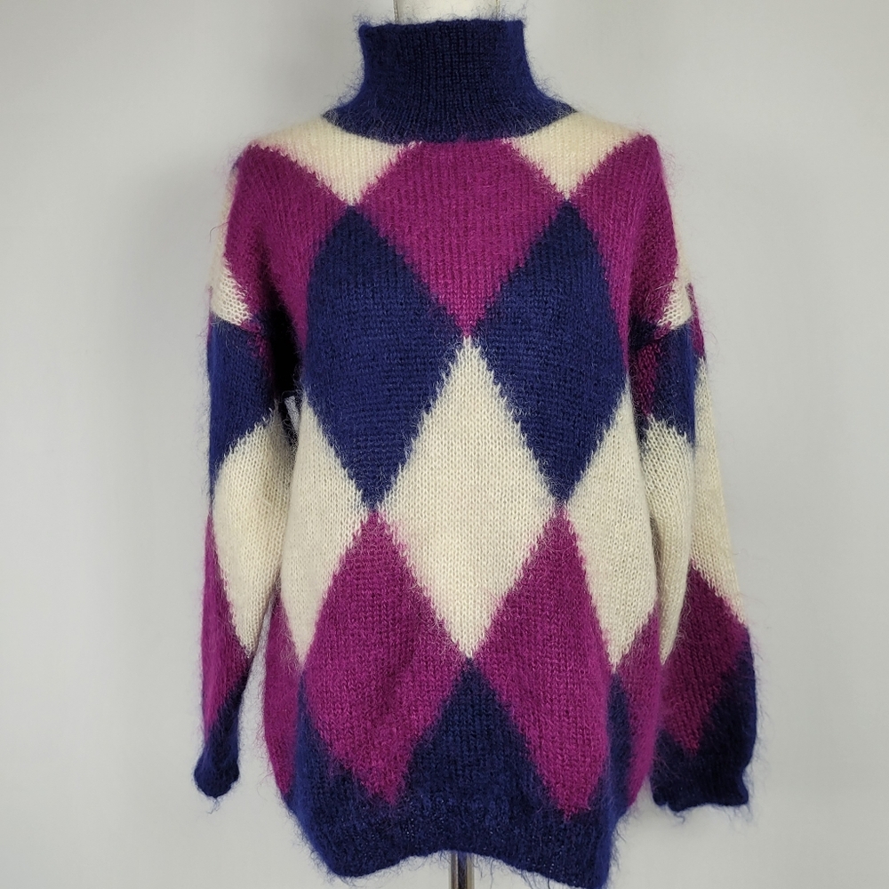 1980s Vintage Brass Plum For Nordstrom 61% Mohair Argyle Sweater Size Med